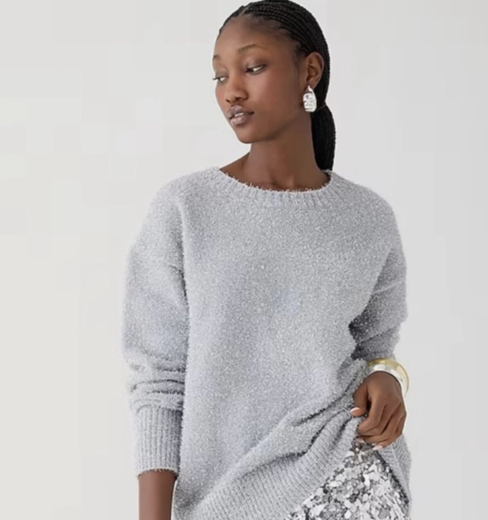 J. Crew Silver Long Sleeve Crewneck Sweater Metallic tinsel brushed yarn Large